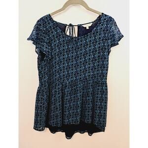 Lucky Brand Women's Blue Floral Print Flutter Sleeve Top Size Small